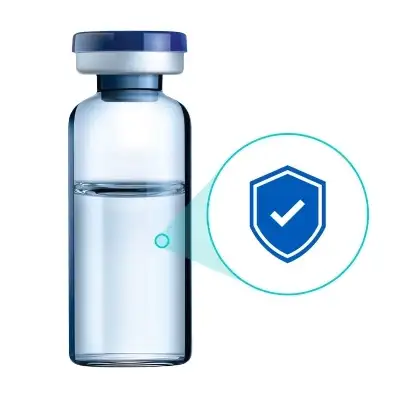 Un vial farmacéutico con la ilustración de un escudo azul con una marca blanca