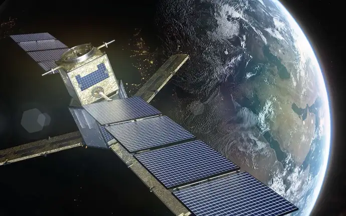 Satellite with large solar panels orbiting Earth, with continents and oceans visible below.