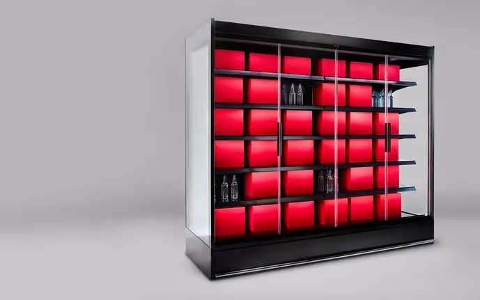 Side view of retail chiller cabinet with SCHOTT Termofrost® Inmotion door system