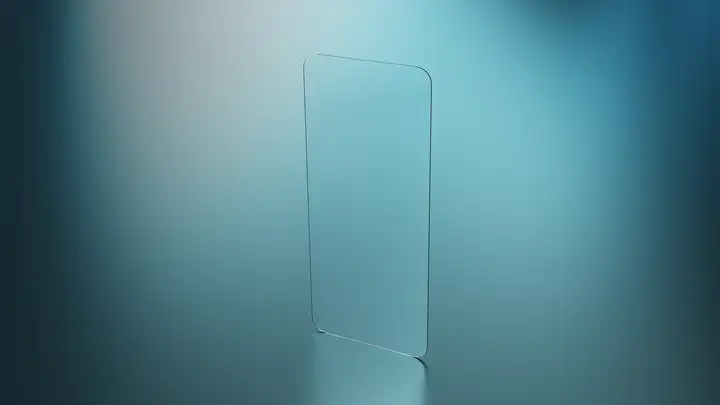 A thin, transparent rectangular glass panel on a blue gradient background.
