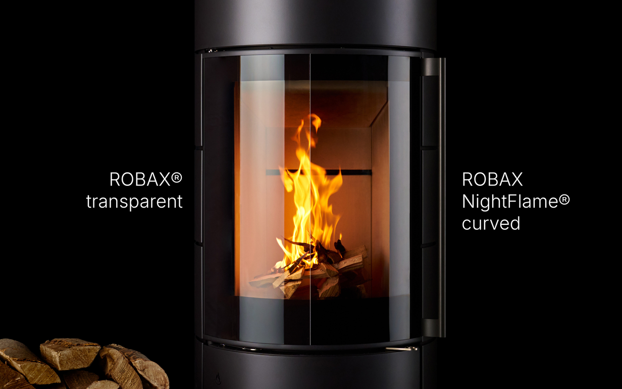 Flame burning in black chimney with ROBAX NightFlame® curved compared to transparent ROBAX ®.