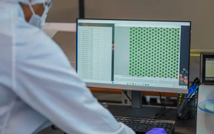 Scientist reviewing microarray printing quality data on a desktop computer.