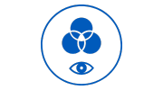 Circular Icon with three interlacing circles in the center, symbolizing a Venn diagram, and a stylized eye motif at the base