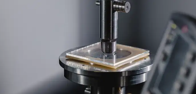 Glass plate in a double-ring setup in a universal testing machine prior to testing.