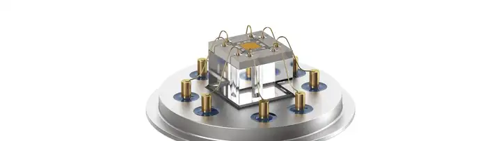 Pressure sensor showing the MEMS silicon die and glass pedestal 