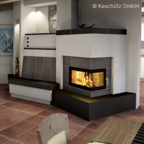 Modern kitchen with indoor fireplace with SCHOTT ROBAX® angular bent fire-viewing panel