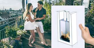 Hand holding illustration of a flat-panel outdoor fireplace in front of couple on balcony