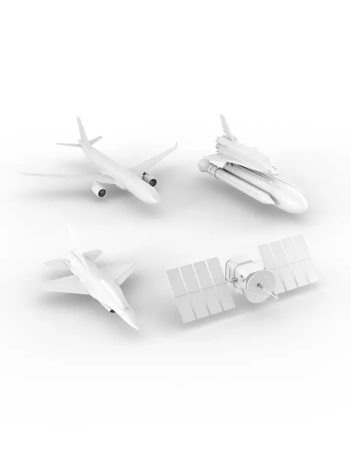 Aircraft, space shuttle, jet, and satellite showing key applications of SCHOTT hermetic packaging in aerospace and defense