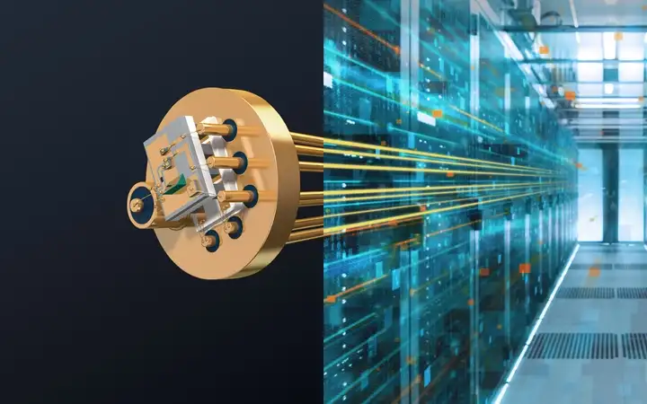 	 Illustration showing an integrated device on a header with electrical connections and a digital image illustrating high-speed data transmission.