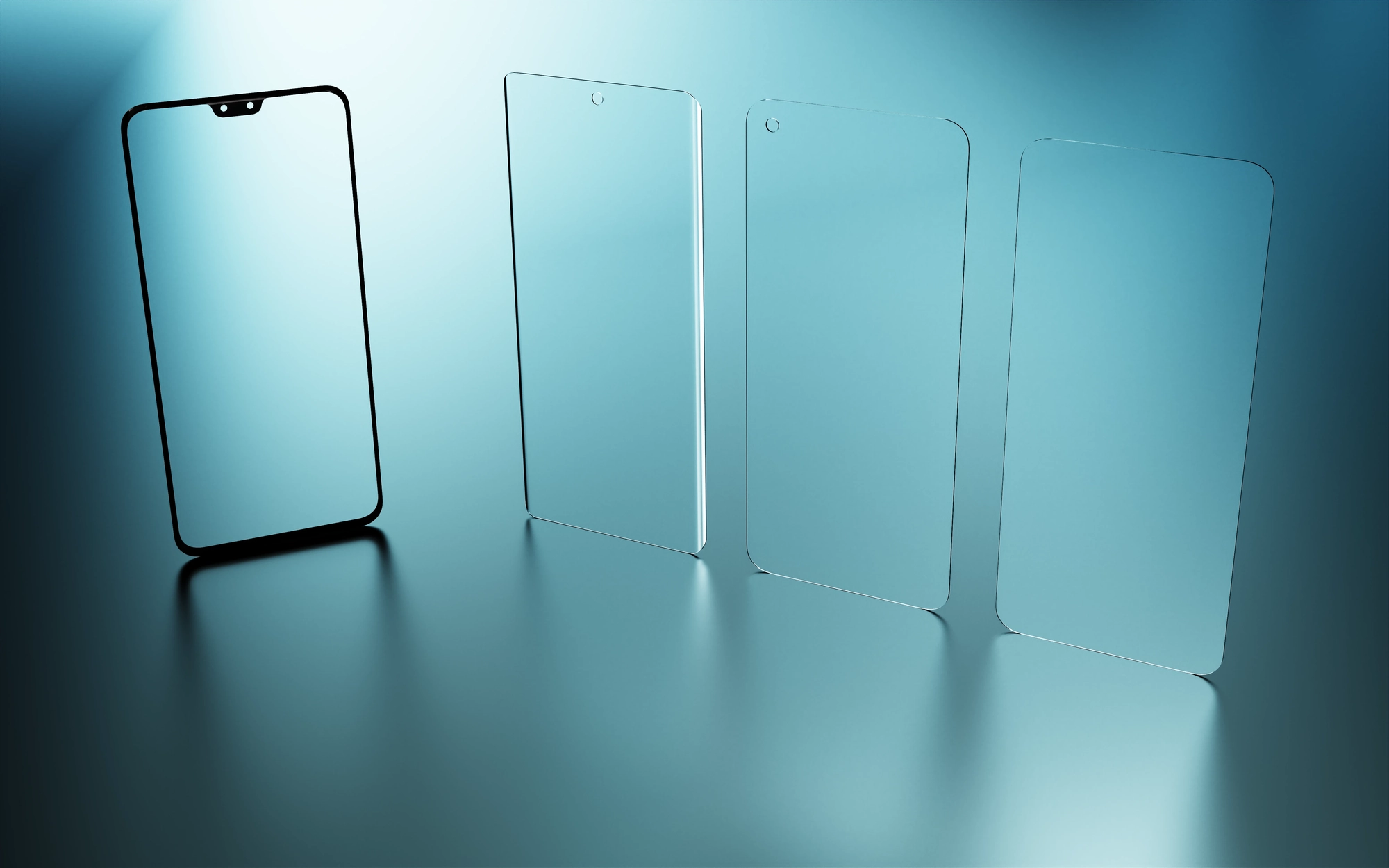 Four different designs of SCHOTT Xensation® α (Alpha) cover glass, one with a frame