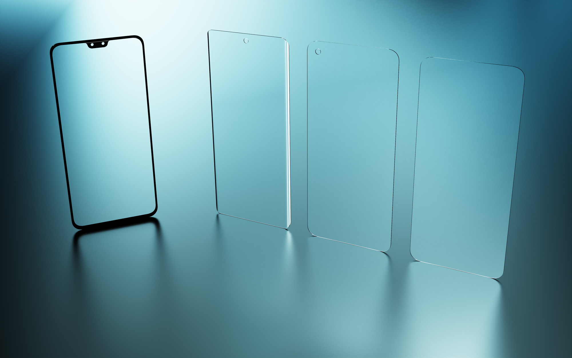 肖特赛绚® α 智能手机盖板玻璃的四款不同设计，其中一款带有边框。