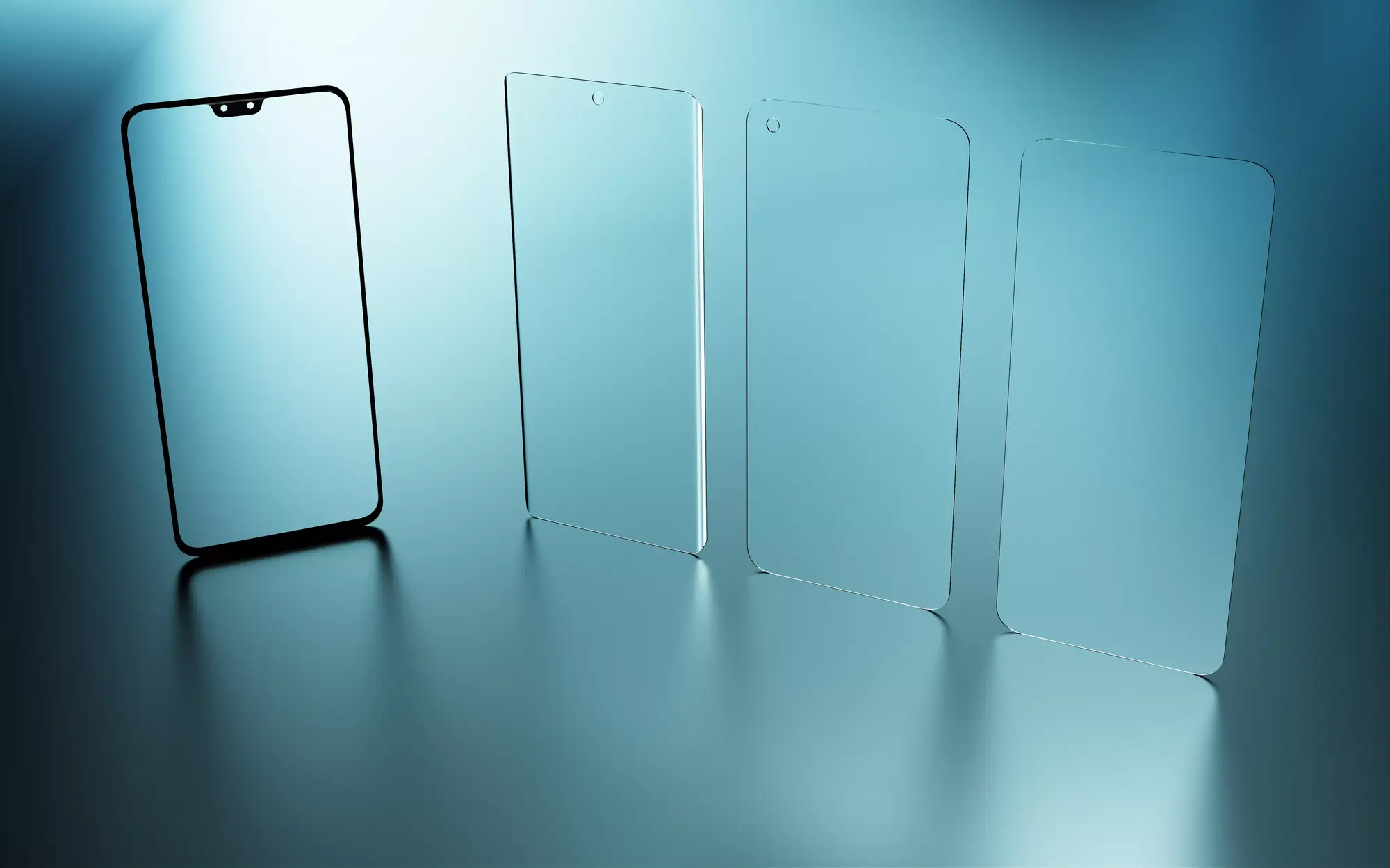 Four different designs of SCHOTT Xensation® α (Alpha) cover glass, one with a frame