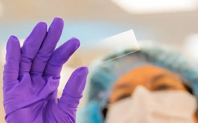Scientist holding a glass substrate with printed microarrays.