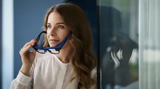 Female putting on a pair of augmented reality (AR) smart glasses