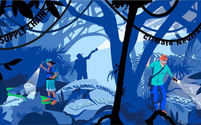 Illustration von SCHOTT's Reise zu mehr Nachhaltigkeit, die durch einen Dschungel aus Begrifflichkeiten und Abkürzungen führt.