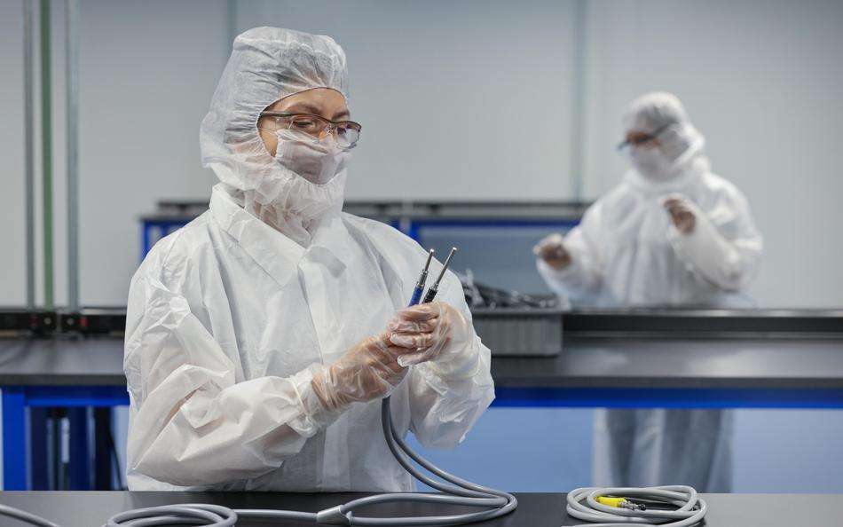 Two people manufacturing lighting products in the cleanroom in Mexico