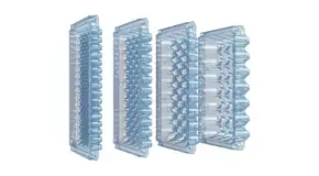 Transparent trays designed for holding vials, viewed from different angles, showcasing their structure and layout.
