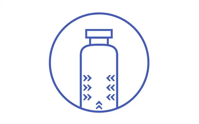 Symbol mit Umriss eines pharmazeutischen Fläschchens mit Auslaugung von Glas	