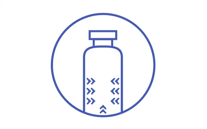 Icon showing outline of pharmaceutical vial with leaching of glass 