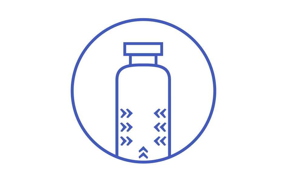 Icon showing outline of pharmaceutical vial with leaching of glass	