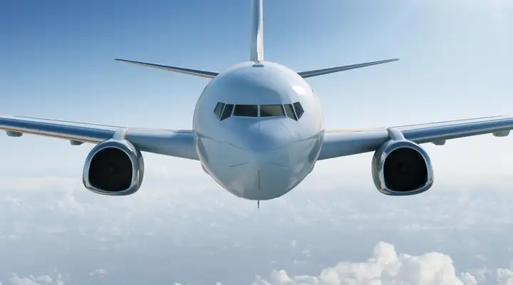 Front view of an aircraft in a blue sky