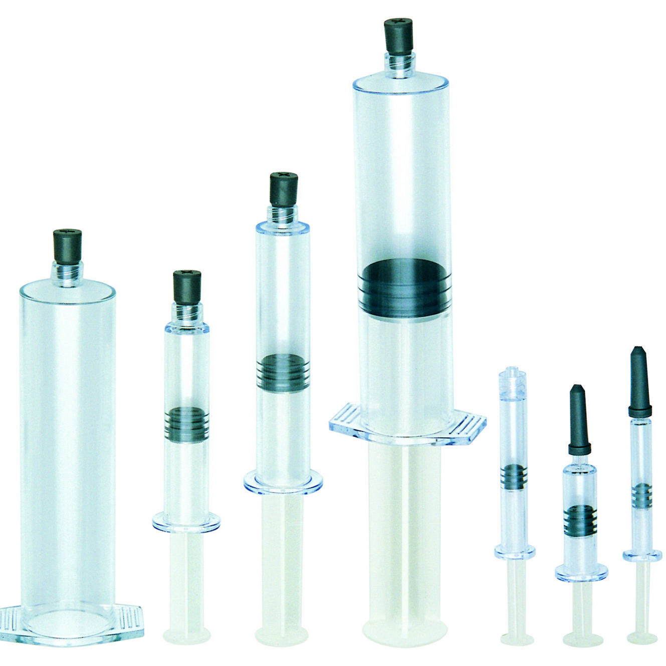 Range of polymer syringes of different sizes	