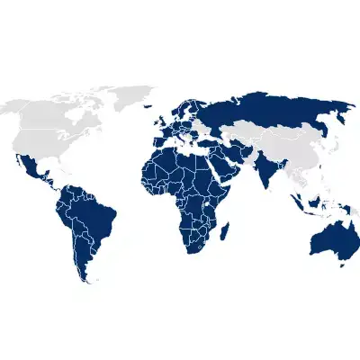 Mapa del mundo con los países del expediente de envasado farmacéutico resaltado en azul