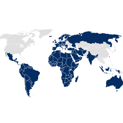 Weltkarte mit blau hinterlegten Ländern des Dossiers für pharmazeutische Verpackungen