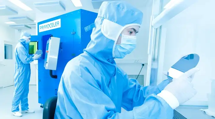 Two scientists working in a laboratory looking at mirror discs