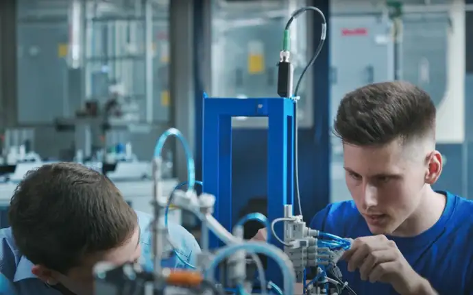 Zwei junge Studenten arbeiten an technischen Geräten