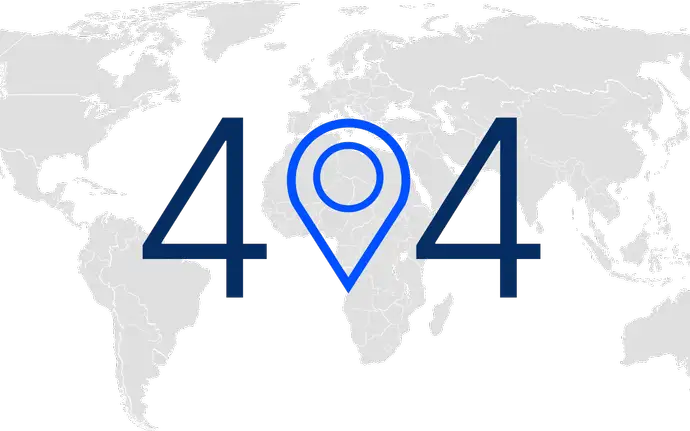Illustration of a 404 error with a location pin on a world map indicating a missing page or resource