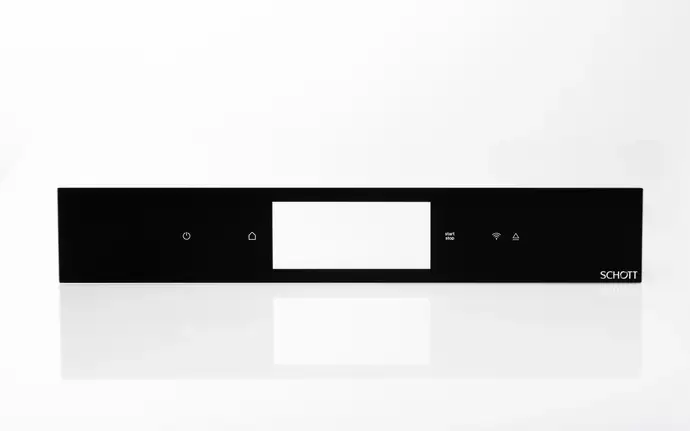 Front view of a sleek black glass control panel with a central rectangular display and minimalist touch icons for power, home, connectivity, and settings.