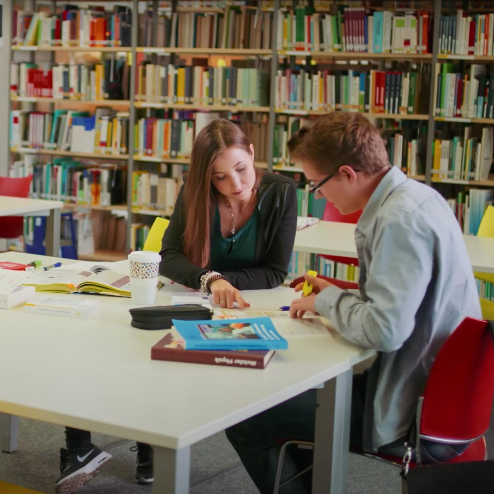 Zwei Studierende arbeiten in einer Bibliothek