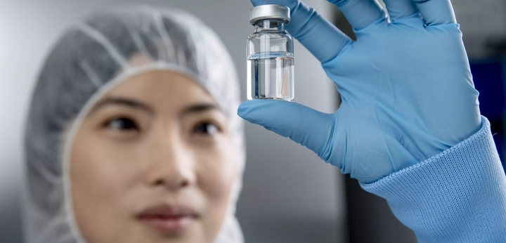 Women looking at filled vial in one hand.