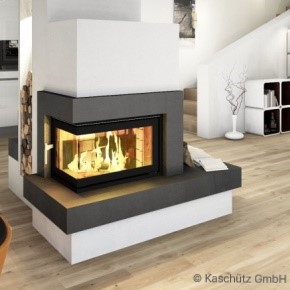 Indoor fireplace with SCHOTT ROBAX® angular bent fire-viewing panel in center of kitchen