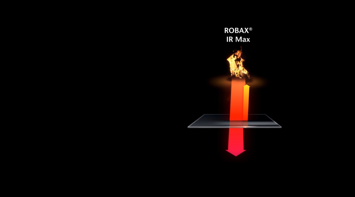 Diagram showing the heat reflection of a fire-viewing panel with ROBAX® IR Max coating