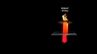 Diagram showing the heat reflection of a fire-viewing panel with ROBAX® IR Max coating