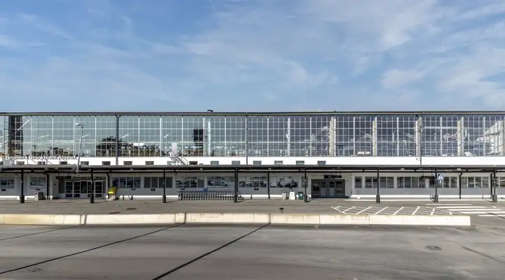Front view of the glass façade at Bromma Stockholm Airport in Sweden