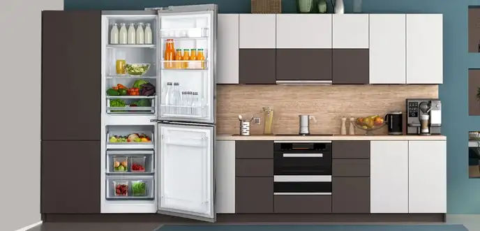 Open a modern refrigerator with glass panels in a sleek kitchen, stocked with fresh fruits, vegetables, jars, and cookware.
