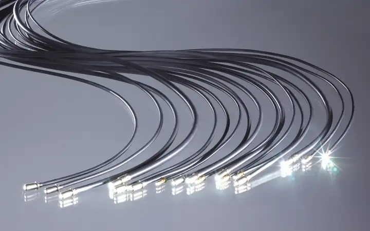 Several SCHOTT Fiber Optic Light Cables on a gray background