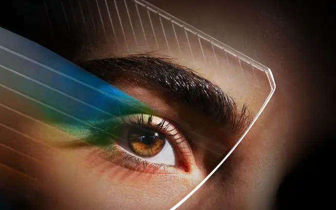 Close-up of a human eye seen through a transparent, curved glass surface with fine etched lines, reflecting rainbow-colored light against a dark background