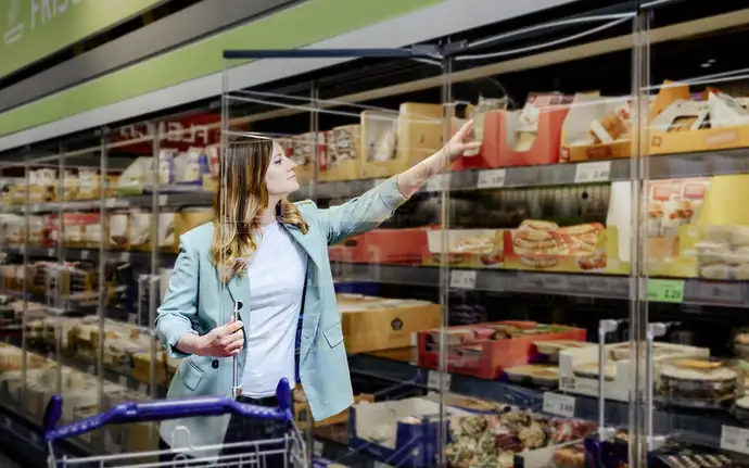 A person selects an item from a refrigerated display in a grocery store.