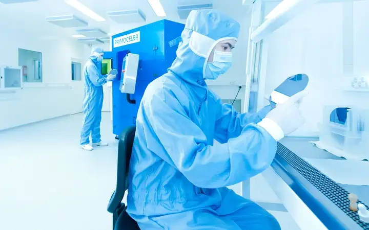 Two scientists working in a laboratory looking at mirror discs