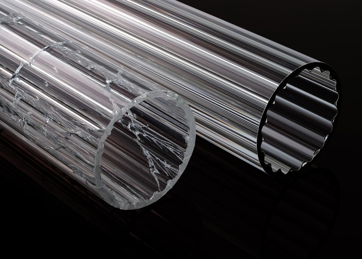 	Two samples of CONTURAX® Tough glass tubing, with one showing breakage