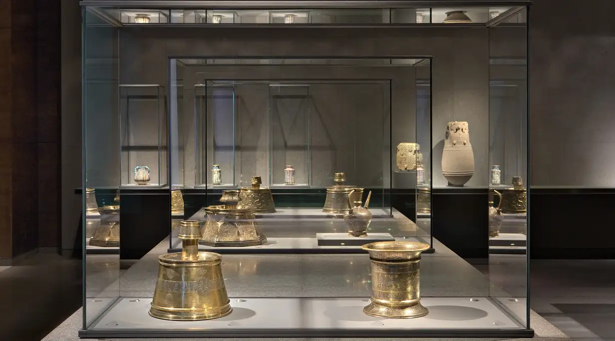 Series of glass display cases in the Museum of Islamic Art in Doha, Qatar