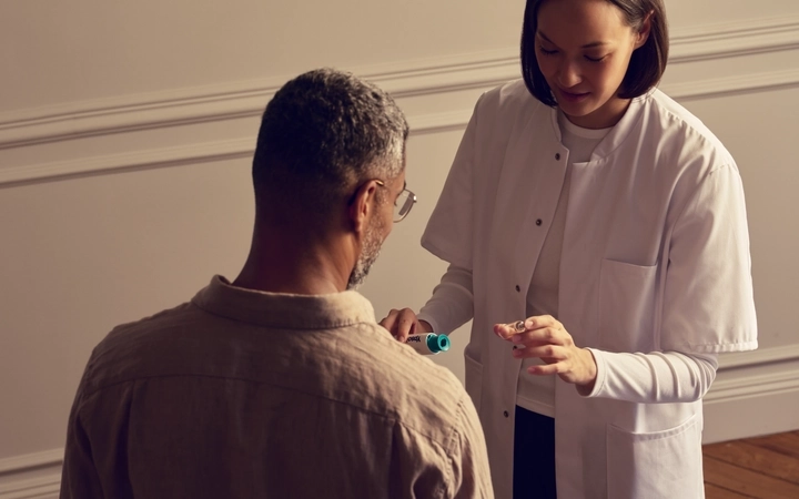 Healthcare professional examining a seated patient while holding a small medical device