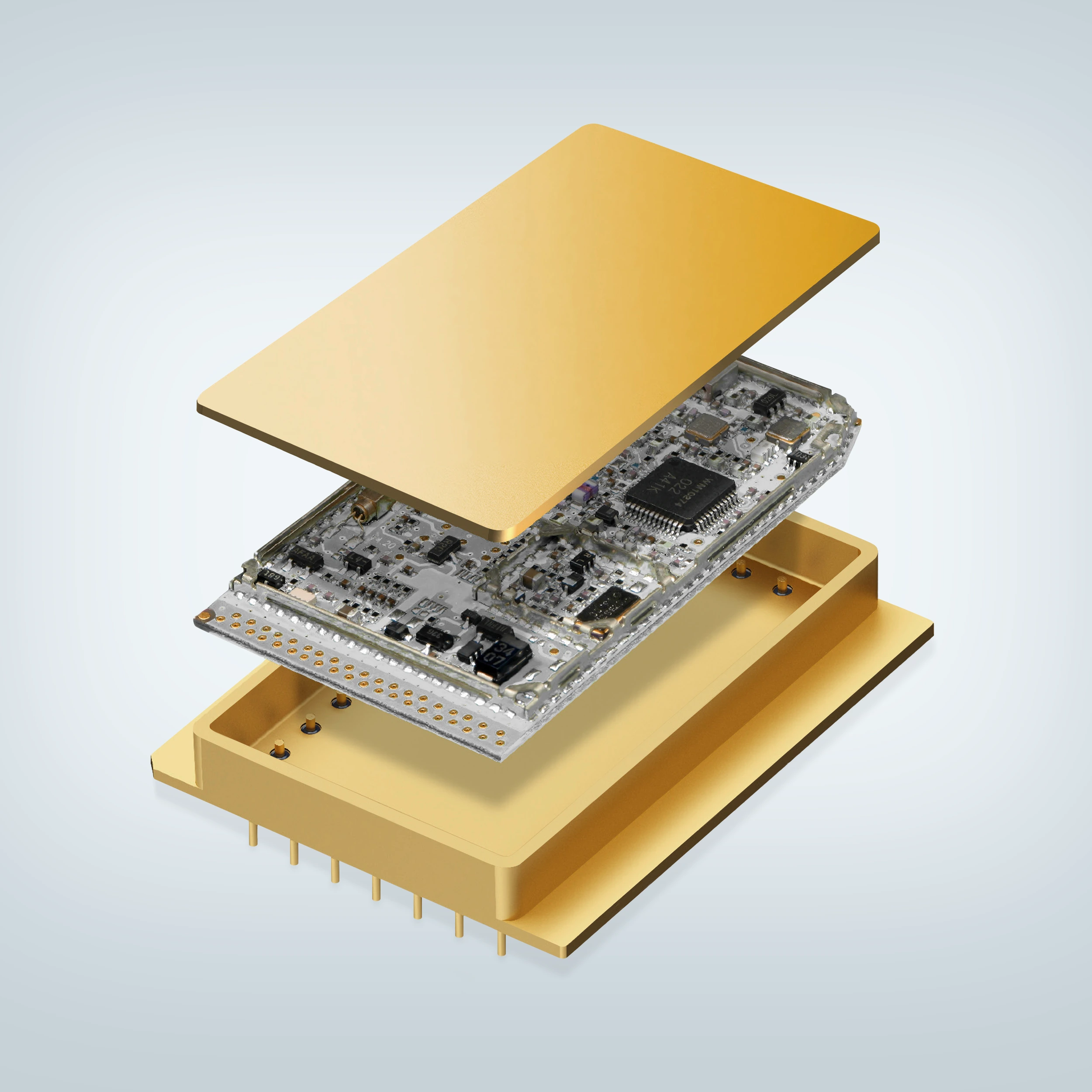 Exploded view microelectronic housing on light gray background.