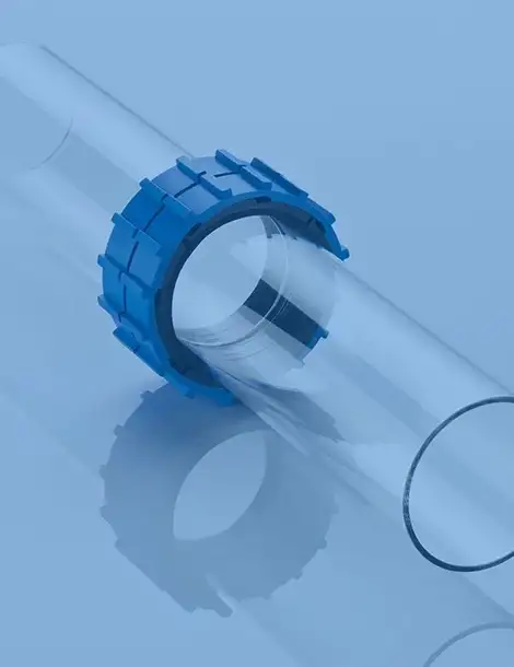 Section of clear glass tubing with blue coupling