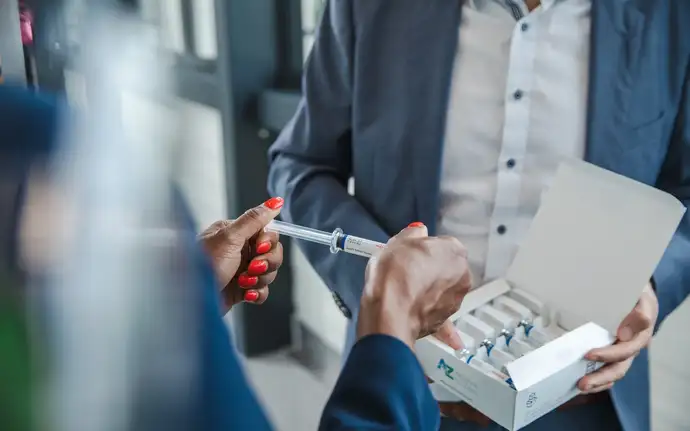 Woman removes a syringe from the blister-free packaging.