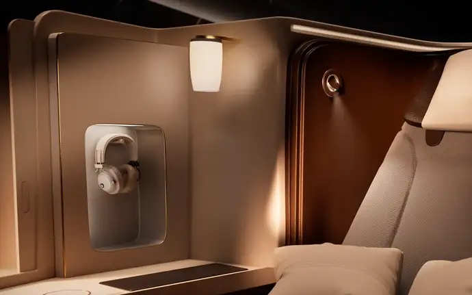 Aircraft seat next to a cabin wall featuring a mounted feature light